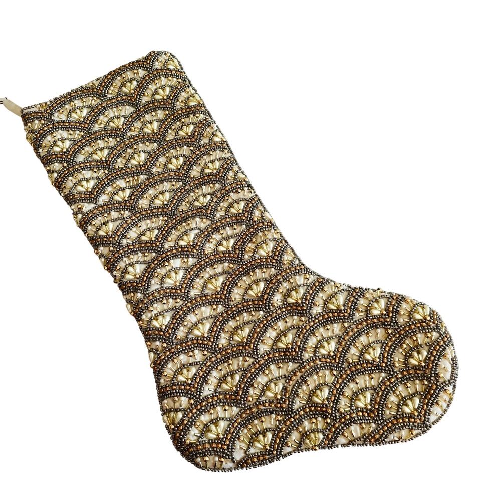 Pier 1 Imports Beaded Embellished Ornate Christmas Stocking Gold Silver White